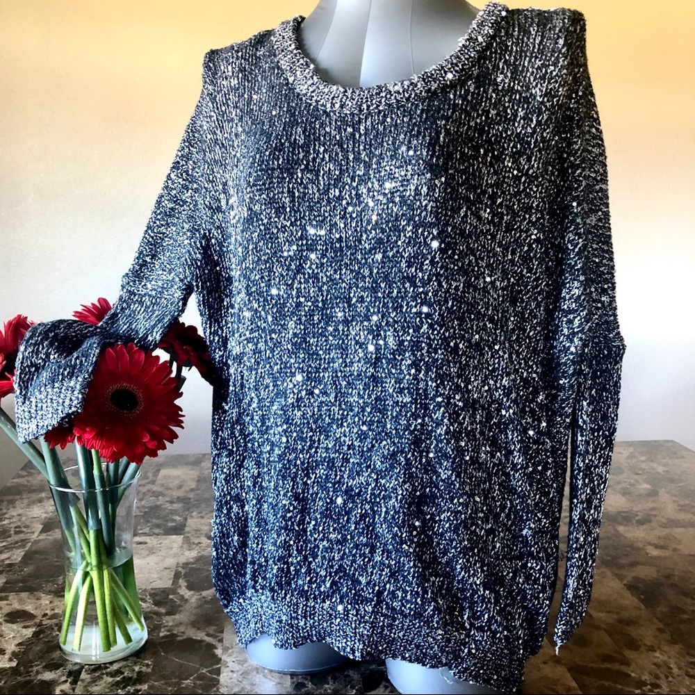 Black and Silver Sequined Zipper Back Sweater
